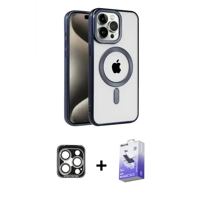 ieg™ iPhone 15 Pro Max Kılıf Eksen Form Koleksiyonu - Siyah Bilvis 5in1 5D Magic Hayalet Cam Ekran Koruyucu + PVD Metal Kamera Lens - GS