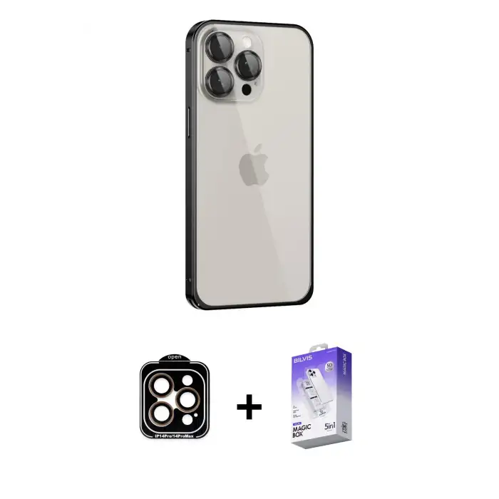 ieg™ iPhone 15 Pro Max Kılıf Eksen Form Serisi - Siyah Bilvis 5in1 3D Magic Cam Ekran Koruyucu + PVD Metal Kamera Lens - TU