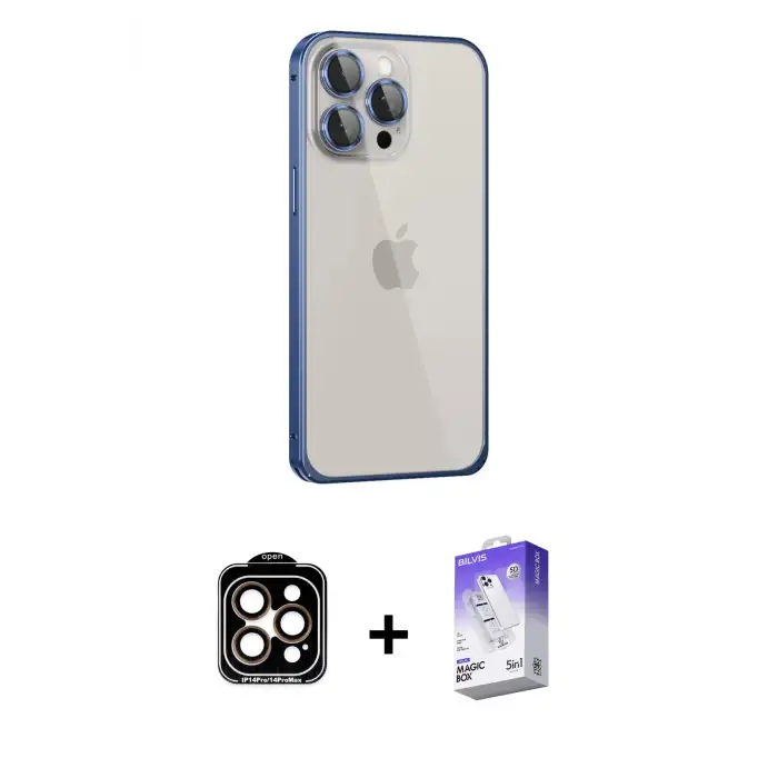 ieg™ iPhone 15 Pro Max Kılıf Eksen Form Serisi - Siyah Bilvis 5in1 3D Magic Cam Ekran Koruyucu + PVD Metal Kamera Lens - TU