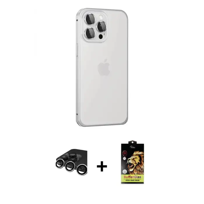 ieg™ iPhone 15 Pro Max Kılıf Eksen Form Serisi - Siyah Buffer Cam Ekran Koruyucu + Raze Metal Kamera Lens - GS