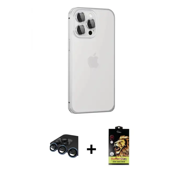 ieg™ iPhone 15 Pro Max Kılıf Eksen Form Serisi - Siyah Buffer Cam Ekran Koruyucu + Raze Metal Kamera Lens - LT