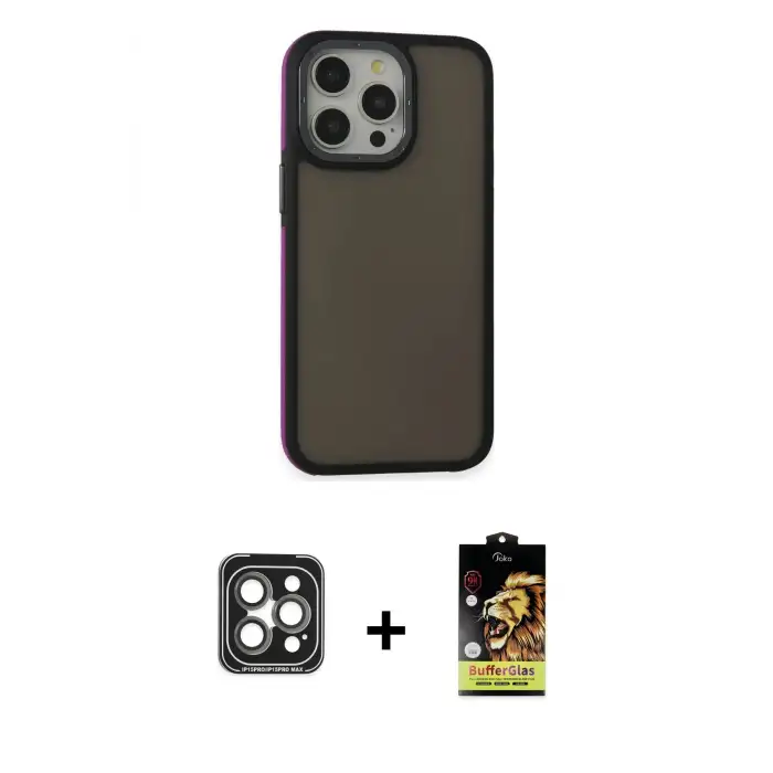 ieg™ iPhone 15 Pro Max Kılıf Eksen Işık - Siyah Buffer Cam Ekran Koruyucu + PVD Metal Kamera Lens - GI