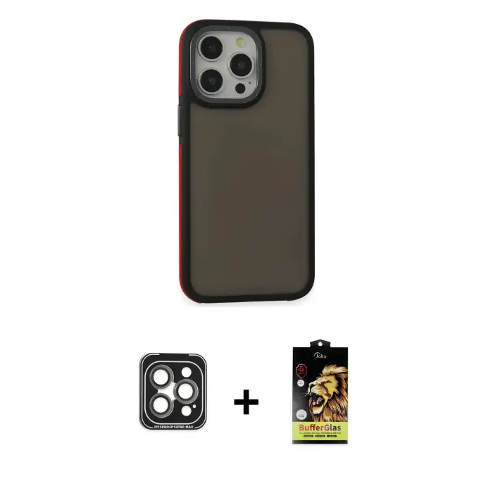 ieg™ iPhone 15 Pro Max Kılıf Eksen Işık - Siyah Buffer Cam Ekran Koruyucu + PVD Metal Kamera Lens - GI
