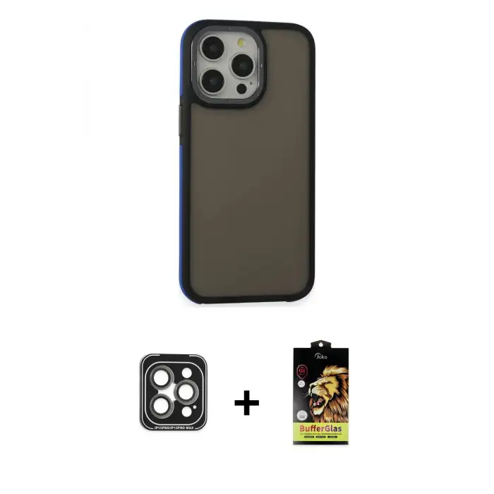 ieg™ iPhone 15 Pro Max Kılıf Eksen Işık - Siyah Buffer Cam Ekran Koruyucu + PVD Metal Kamera Lens - GI