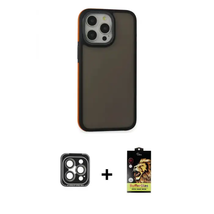 ieg™ iPhone 15 Pro Max Kılıf Eksen Işık - Siyah Buffer Cam Ekran Koruyucu + PVD Metal Kamera Lens - GI