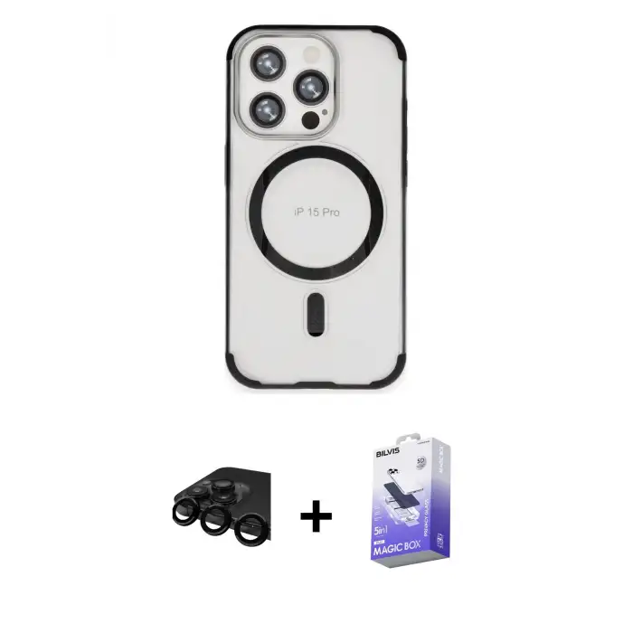 ieg™ iPhone 15 Pro Max Kılıf Eksen Klasik Koleksiyonu - Siyah Bilvis 5in1 5D Magic Hayalet Cam Ekran Koruyucu + Raze Metal Kamera Lens - SH