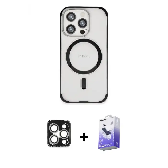 ieg™ iPhone 15 Pro Max Kılıf Eksen Klasik Koleksiyonu - Siyah Bilvis 5in1 5D Magic Hayalet Cam Ekran Koruyucu + PVD Metal Kamera Lens - GS