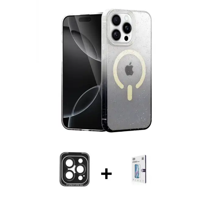 ieg™ iPhone 15 Pro Max Kılıf Eksen Minimal Özel Seri - Siyah Bilvis 0.18mm Plus Cam Ekran Koruyucu + PVD Metal Kamera Lens - SH