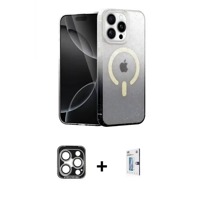 ieg™ iPhone 15 Pro Max Kılıf Eksen Minimal Özel Seri - Siyah Bilvis 0.18mm Plus Cam Ekran Koruyucu + PVD Metal Kamera Lens - GS