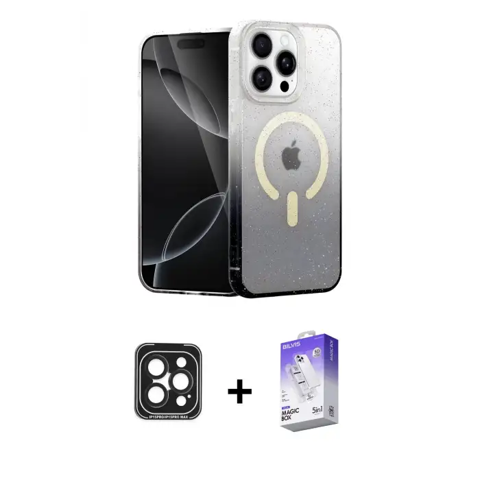 ieg™ iPhone 15 Pro Max Kılıf Eksen Minimal Özel Seri - Siyah Bilvis 5in1 3D Magic Cam Ekran Koruyucu + PVD Metal Kamera Lens - SH