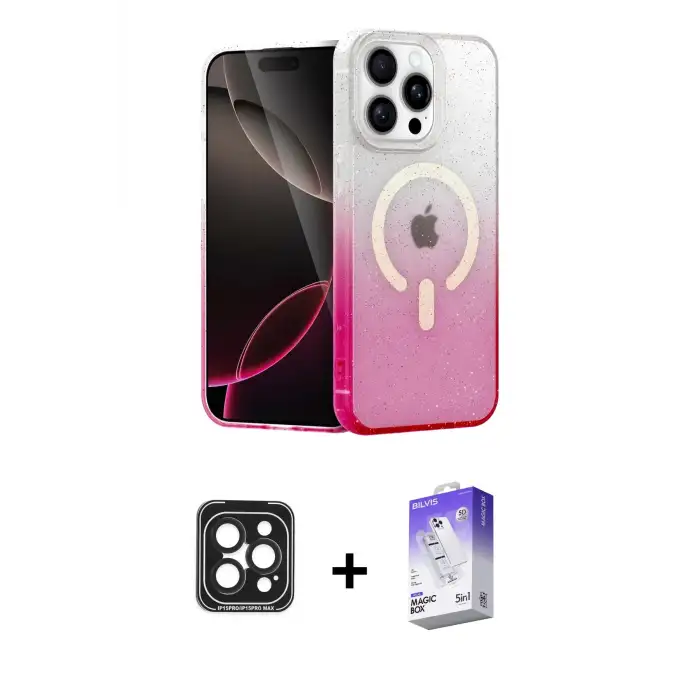 ieg™ iPhone 15 Pro Max Kılıf Eksen Minimal Özel Seri - Siyah Bilvis 5in1 3D Magic Cam Ekran Koruyucu + PVD Metal Kamera Lens - SH
