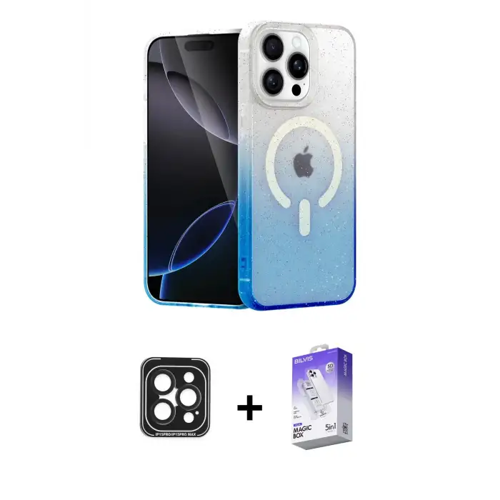 ieg™ iPhone 15 Pro Max Kılıf Eksen Minimal Özel Seri - Siyah Bilvis 5in1 3D Magic Cam Ekran Koruyucu + PVD Metal Kamera Lens - SH