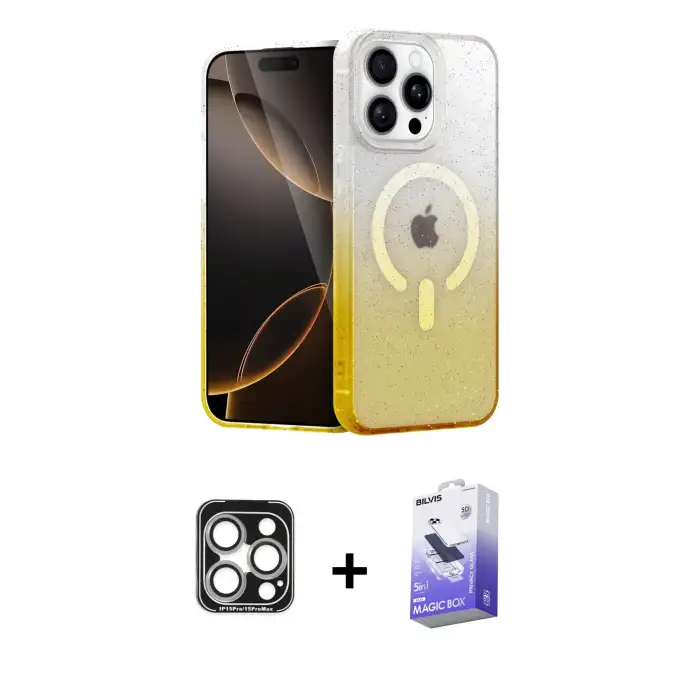 ieg™ iPhone 15 Pro Max Kılıf Eksen Minimal Özel Seri - Siyah Bilvis 5in1 5D Magic Hayalet Cam Ekran Koruyucu + PVD Metal Kamera Lens - GS