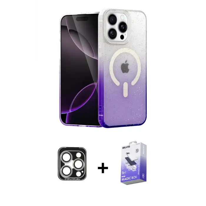 ieg™ iPhone 15 Pro Max Kılıf Eksen Minimal Özel Seri - Siyah Bilvis 5in1 5D Magic Hayalet Cam Ekran Koruyucu + PVD Metal Kamera Lens - GS