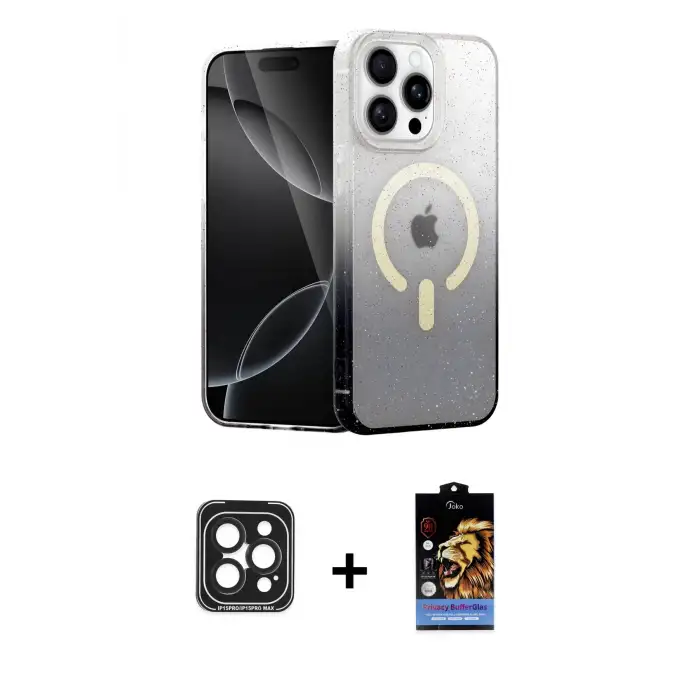 ieg™ iPhone 15 Pro Max Kılıf Eksen Minimal Özel Seri - Siyah Buffer Hayalet Cam Ekran Koruyucu + PVD Metal Kamera Lens - SH