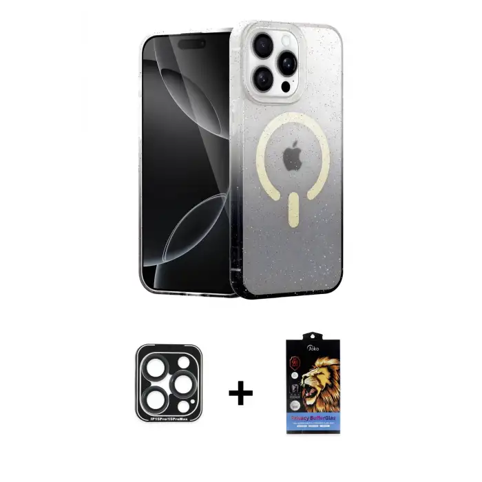 ieg™ iPhone 15 Pro Max Kılıf Eksen Minimal Özel Seri - Siyah Buffer Hayalet Cam Ekran Koruyucu + PVD Metal Kamera Lens - LT