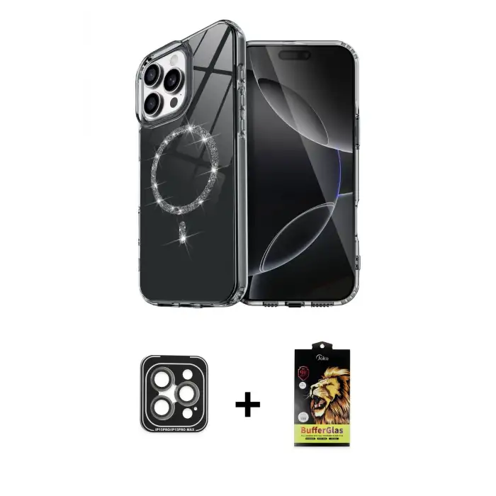 ieg™ iPhone 15 Pro Max Kılıf Kıvılcım Form Prime - Siyah Buffer Cam Ekran Koruyucu + PVD Metal Kamera Lens - GI