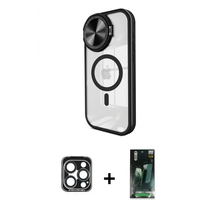 ieg™ iPhone 15 Pro Max Kılıf Kıvılcım Modern Koleksiyonu - Şeffaf 360 Full Body Arka Koruyucu + PVD Metal Kamera Lens - LT