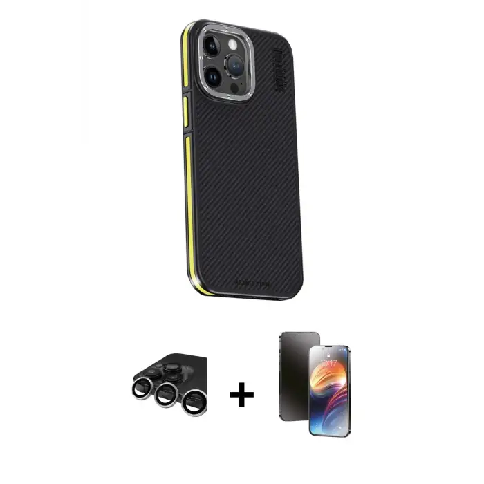 ieg™ iPhone 15 Pro Max Kılıf Kıvılcım Modern Özel Seri - Siyah 3D Antistatik Mat Seramik Nano Ekran Koruyucu + Raze Metal Kamera Lens - GS