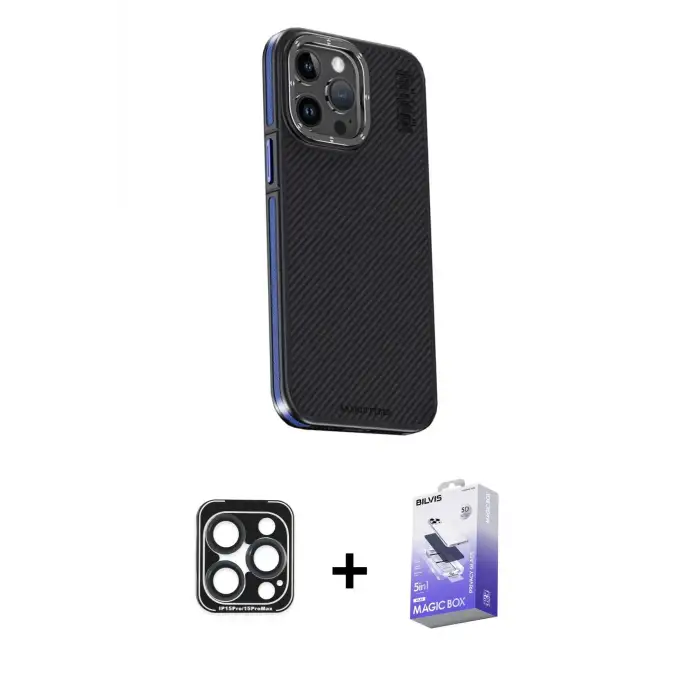ieg™ iPhone 15 Pro Max Kılıf Kıvılcım Modern Özel Seri - Siyah Bilvis 5in1 5D Magic Hayalet Cam Ekran Koruyucu + PVD Metal Kamera Lens - LT