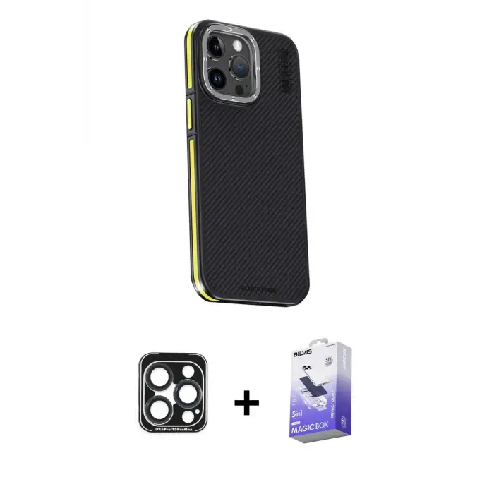 ieg™ iPhone 15 Pro Max Kılıf Kıvılcım Modern Özel Seri - Siyah Bilvis 5in1 5D Magic Hayalet Cam Ekran Koruyucu + PVD Metal Kamera Lens - LT