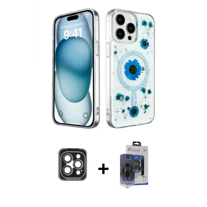 ieg™ iPhone 15 Pro Max Kılıf Kozmos Doku - Siyah Vanessa Magic Cam + PVD Metal Kamera Lens - GI