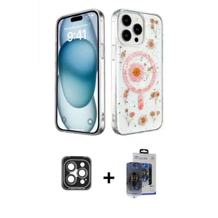ieg™ iPhone 15 Pro Max Kılıf Kozmos Doku - Siyah Vanessa Magic Cam + PVD Metal Kamera Lens - GI