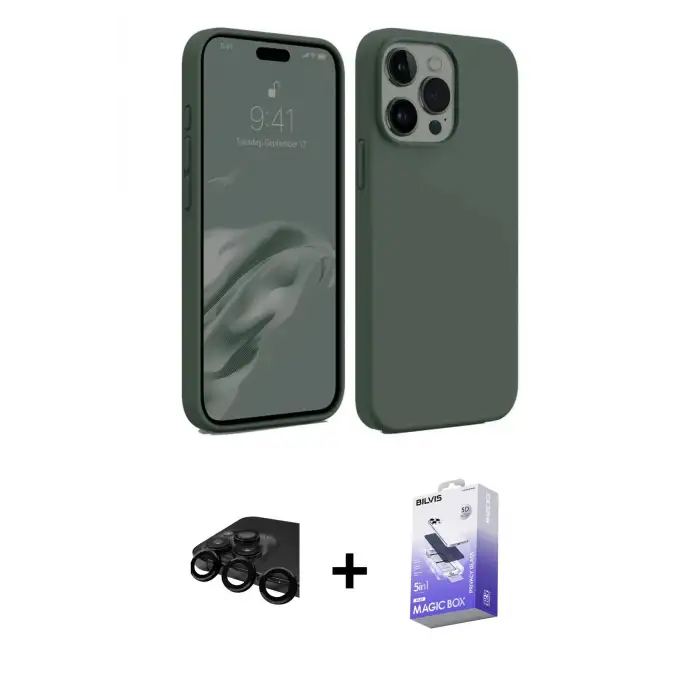 ieg™ iPhone 15 Pro Max Kılıf Kozmos Yansıma Özel Seri - Siyah Bilvis 5in1 5D Magic Hayalet Cam Ekran Koruyucu + Raze Metal Kamera Lens - SH