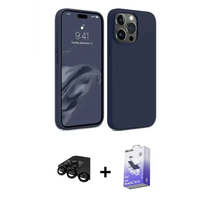 ieg™ iPhone 15 Pro Max Kılıf Kozmos Yansıma Özel Seri - Siyah Bilvis 5in1 5D Magic Hayalet Cam Ekran Koruyucu + Raze Metal Kamera Lens - SH