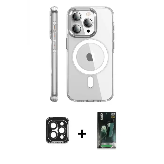 ieg™ iPhone 15 Pro Max Kılıf Nova Doku - Şeffaf 360 Full Body Arka Koruyucu + PVD Metal Kamera Lens - SH