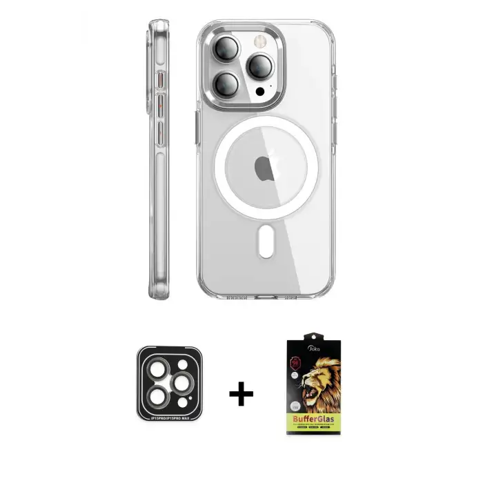 ieg™ iPhone 15 Pro Max Kılıf Nova Doku - Siyah Buffer Cam Ekran Koruyucu + PVD Metal Kamera Lens - GI