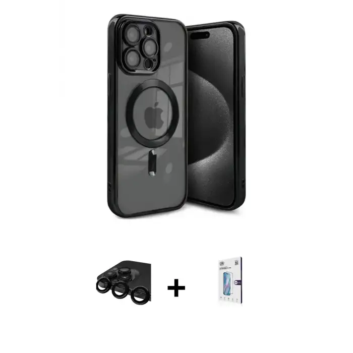 ieg™ iPhone 15 Pro Max Kılıf Nova Işık Özel Seri - Siyah Bilvis 0.18mm Plus Cam Ekran Koruyucu + Raze Metal Kamera Lens - SH