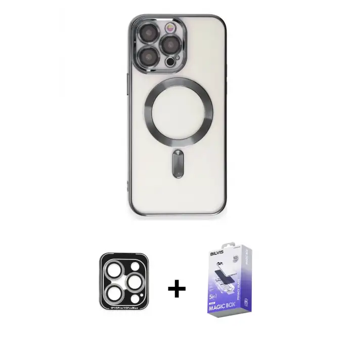 ieg™ iPhone 15 Pro Max Kılıf Nova Işık Özel Seri - Siyah Bilvis 5in1 5D Magic Hayalet Cam Ekran Koruyucu + PVD Metal Kamera Lens - GS
