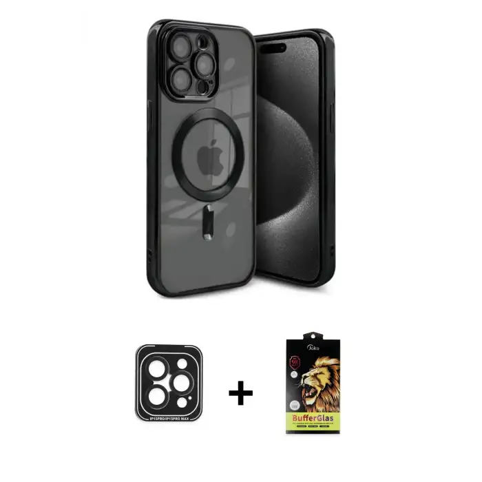 ieg™ iPhone 15 Pro Max Kılıf Nova Işık Özel Seri - Siyah Buffer Cam Ekran Koruyucu + PVD Metal Kamera Lens - SH
