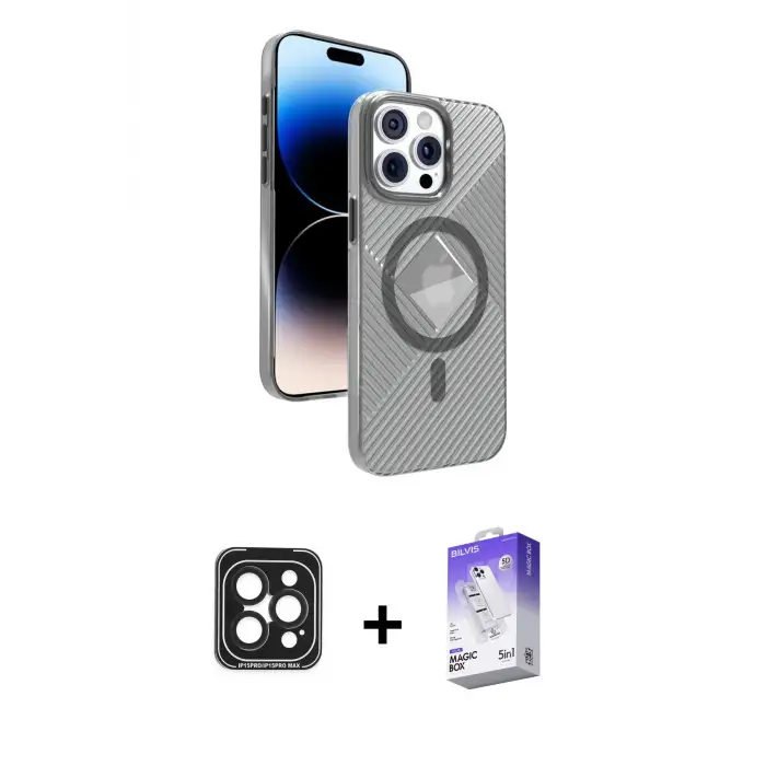 ieg™ iPhone 15 Pro Max Kılıf Nova Modern Prime - Siyah Bilvis 5in1 3D Magic Cam Ekran Koruyucu + PVD Metal Kamera Lens - SH