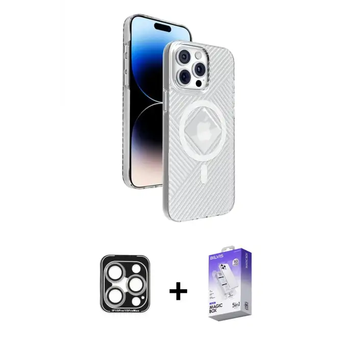 ieg™ iPhone 15 Pro Max Kılıf Nova Modern Prime - Siyah Bilvis 5in1 3D Magic Cam Ekran Koruyucu + PVD Metal Kamera Lens - GS