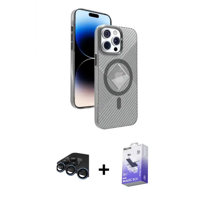 ieg™ iPhone 15 Pro Max Kılıf Nova Modern Prime - Siyah Bilvis 5in1 5D Magic Hayalet Cam Ekran Koruyucu + Raze Metal Kamera Lens - LT