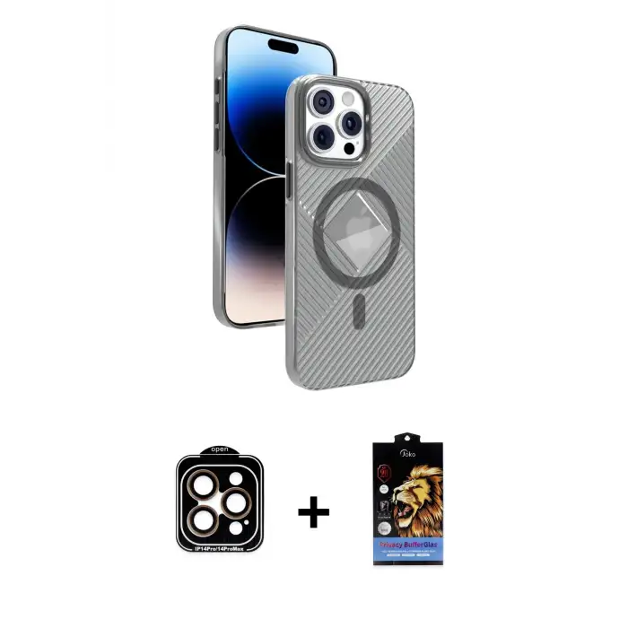 ieg™ iPhone 15 Pro Max Kılıf Nova Modern Prime - Siyah Buffer Hayalet Cam Ekran Koruyucu + PVD Metal Kamera Lens - TU