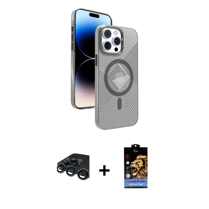 ieg™ iPhone 15 Pro Max Kılıf Nova Modern Prime - Siyah Buffer Hayalet Cam Ekran Koruyucu + Raze Metal Kamera Lens - LT