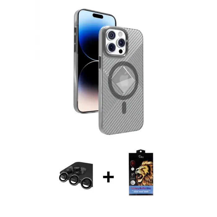 ieg™ iPhone 15 Pro Max Kılıf Nova Modern Prime - Siyah Buffer Hayalet Cam Ekran Koruyucu + Raze Metal Kamera Lens - TMGI