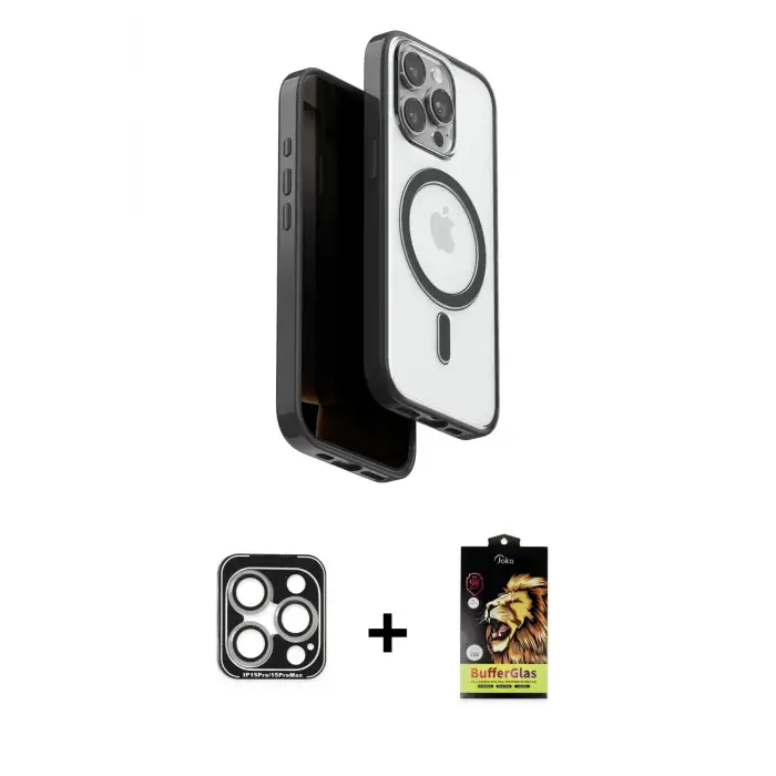ieg™ iPhone 15 Pro Max Kılıf Pusula Form Serisi - Siyah Buffer Cam Ekran Koruyucu + PVD Metal Kamera Lens - GS