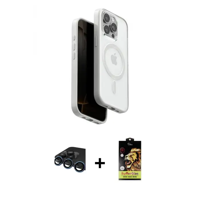 ieg™ iPhone 15 Pro Max Kılıf Pusula Form Serisi - Siyah Buffer Cam Ekran Koruyucu + Raze Metal Kamera Lens - LT
