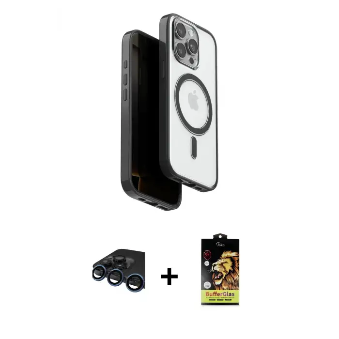 ieg™ iPhone 15 Pro Max Kılıf Pusula Form Serisi - Siyah Buffer Cam Ekran Koruyucu + Raze Metal Kamera Lens - LT