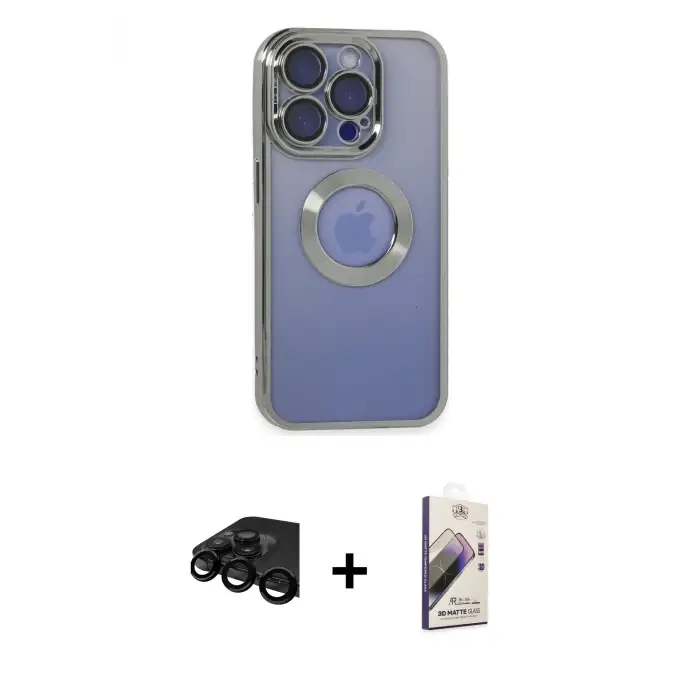ieg™ iPhone 15 Pro Max Kılıf Pusula Form - Siyah Bilvis 3D Mat Cam Ekran Koruyucu + Raze Metal Kamera Lens - SH