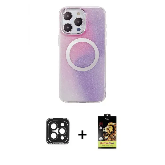 ieg™ iPhone 15 Pro Max Kılıf Pusula Form - Siyah Buffer Cam Ekran Koruyucu + PVD Metal Kamera Lens - SH