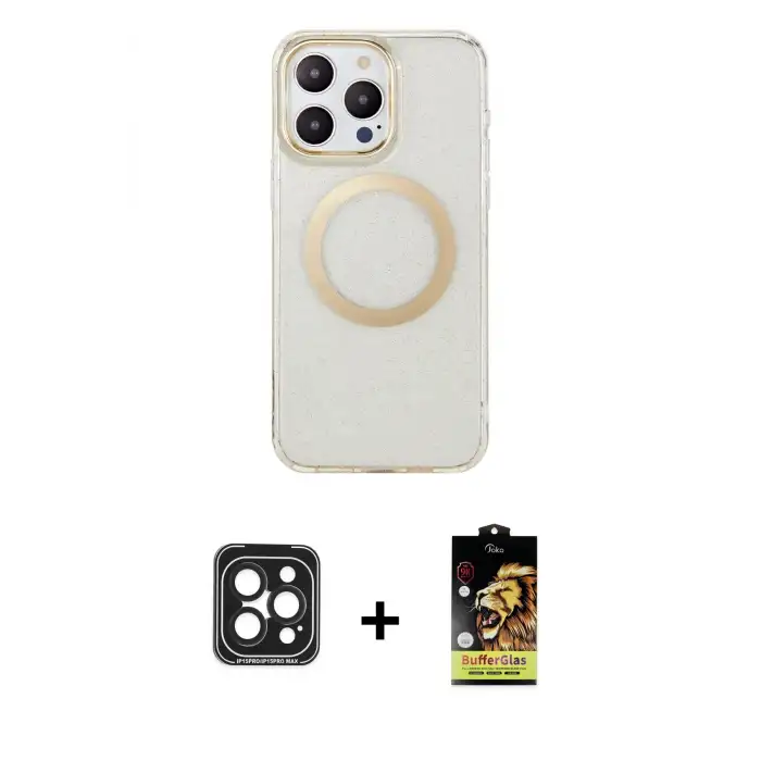ieg™ iPhone 15 Pro Max Kılıf Pusula Form - Siyah Buffer Cam Ekran Koruyucu + PVD Metal Kamera Lens - SH