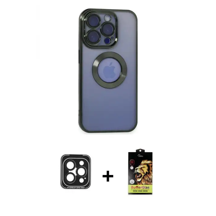 ieg™ iPhone 15 Pro Max Kılıf Pusula Form - Siyah Buffer Cam Ekran Koruyucu + PVD Metal Kamera Lens - SH