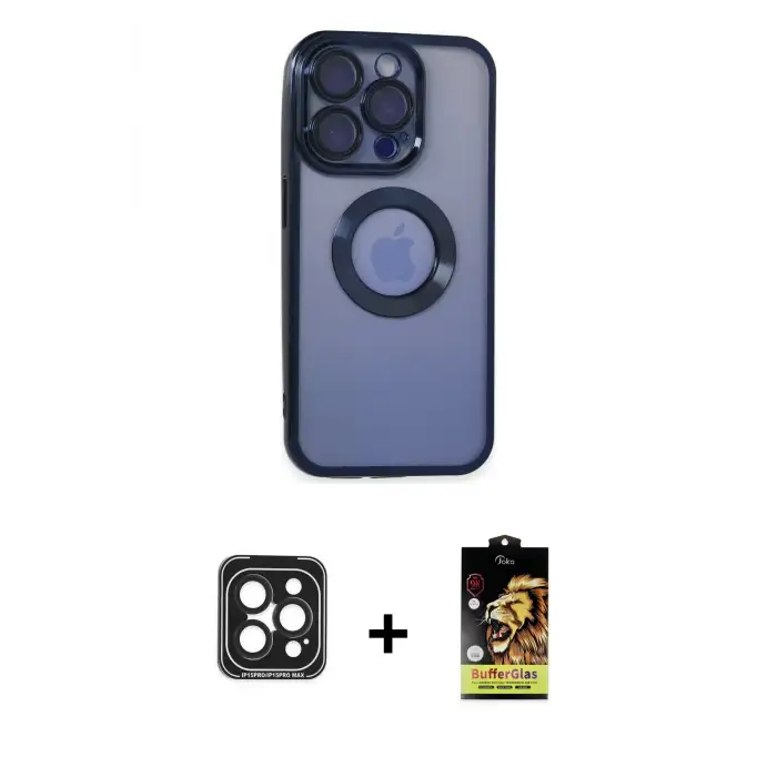 ieg™ iPhone 15 Pro Max Kılıf Pusula Form - Siyah Buffer Cam Ekran Koruyucu + PVD Metal Kamera Lens - SH