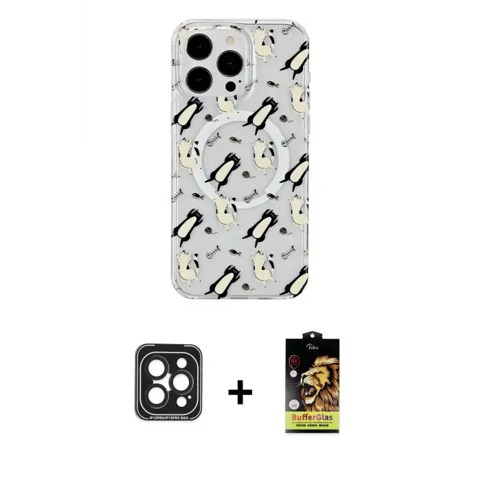 ieg™ iPhone 15 Pro Max Kılıf Pusula Form - Siyah Buffer Cam Ekran Koruyucu + PVD Metal Kamera Lens - SH