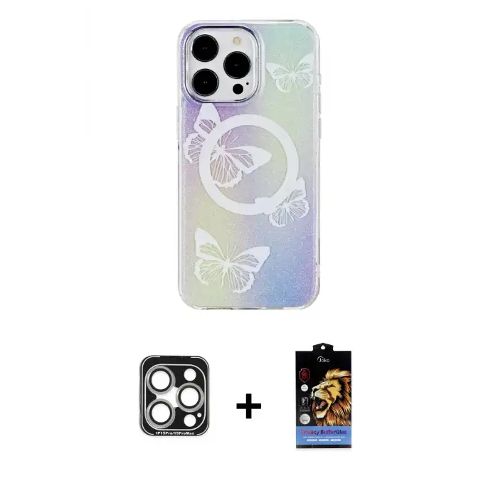 ieg™ iPhone 15 Pro Max Kılıf Pusula Form - Siyah Buffer Hayalet Cam Ekran Koruyucu + PVD Metal Kamera Lens - GS